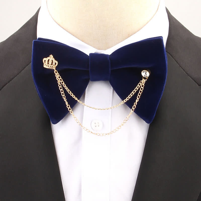 Golden Chain Solid Color Velvet Oversized Pointed Bow Tie - Navy - image 4
