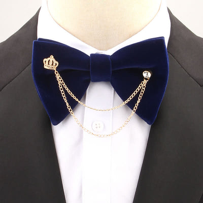 Golden Chain Solid Color Velvet Oversized Pointed Bow Tie - Navy - image 4