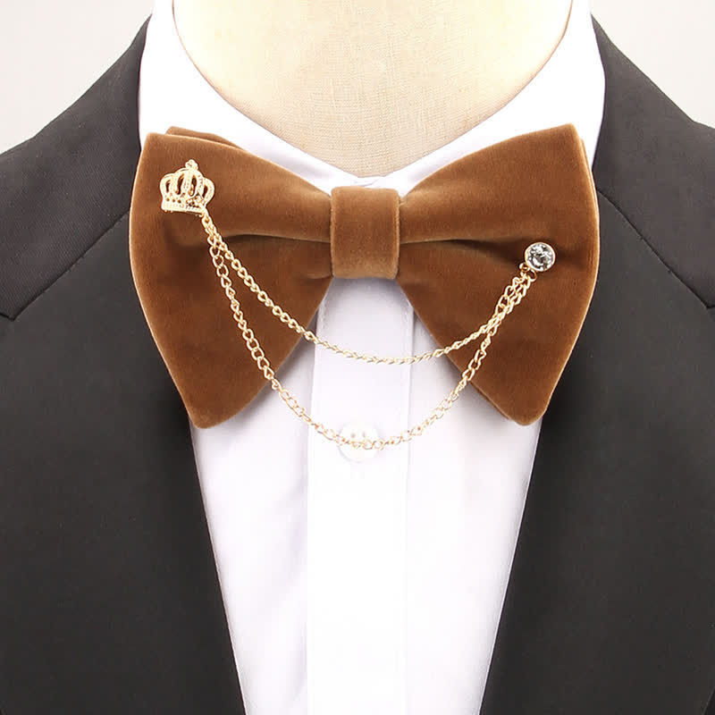Golden Chain Solid Color Velvet Oversized Pointed Bow Tie - Coffee - image 6