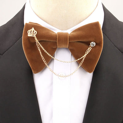 Golden Chain Solid Color Velvet Oversized Pointed Bow Tie - Coffee - image 6
