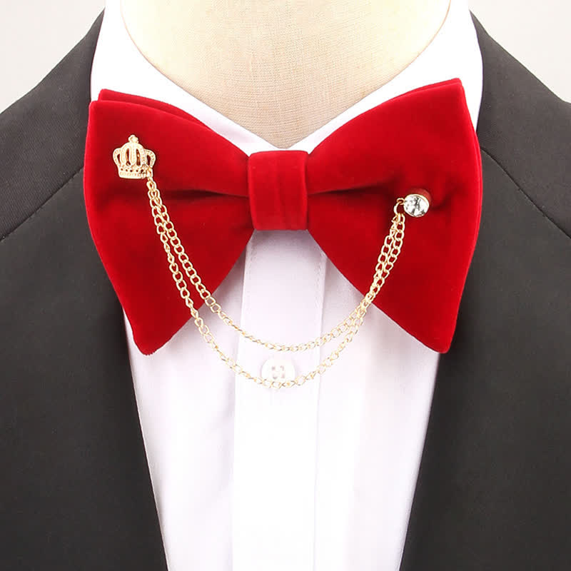 Golden Chain Solid Color Velvet Oversized Pointed Bow Tie - Red - image 3