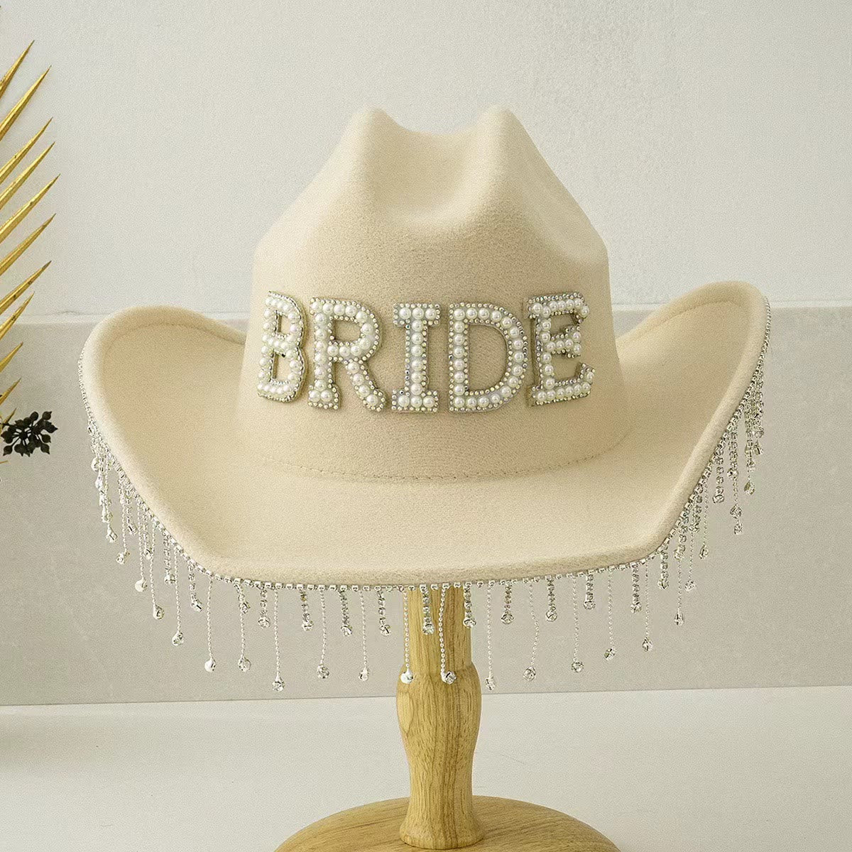 Exquisite Tassel BRIDE Pearl Inlaid Cowboy Hat - Champagne - Adjustable（About 21 5/8"-23 1/4"） - image 4