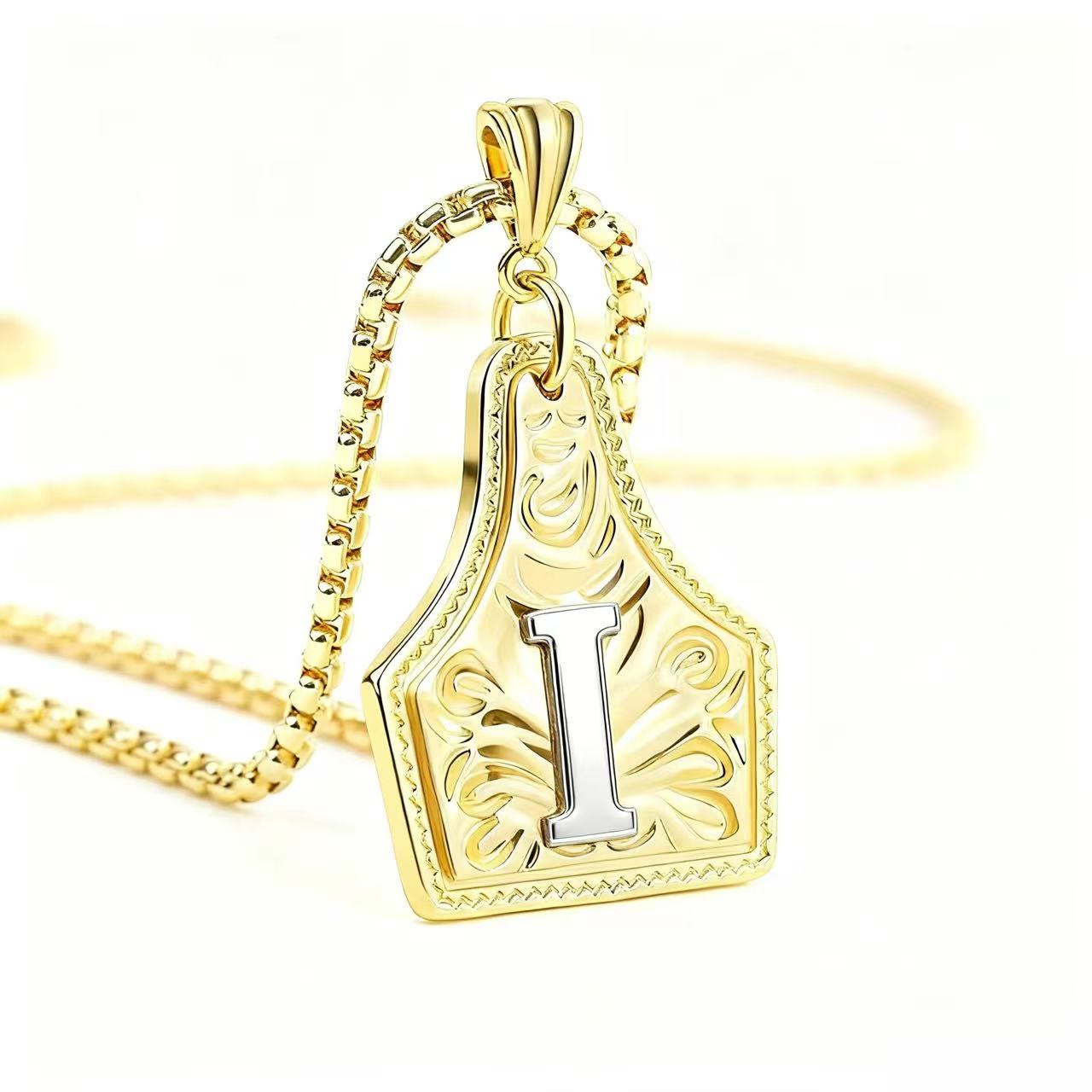 FT: Golden & Silver Exquisite Letter Pendant Embossed Necklace - Golden - I - image 12