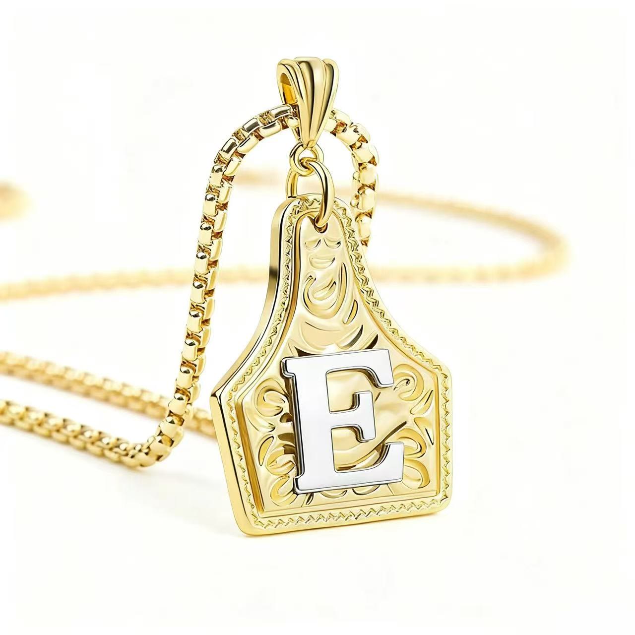 FT: Golden & Silver Exquisite Letter Pendant Embossed Necklace - Golden - E - image 8