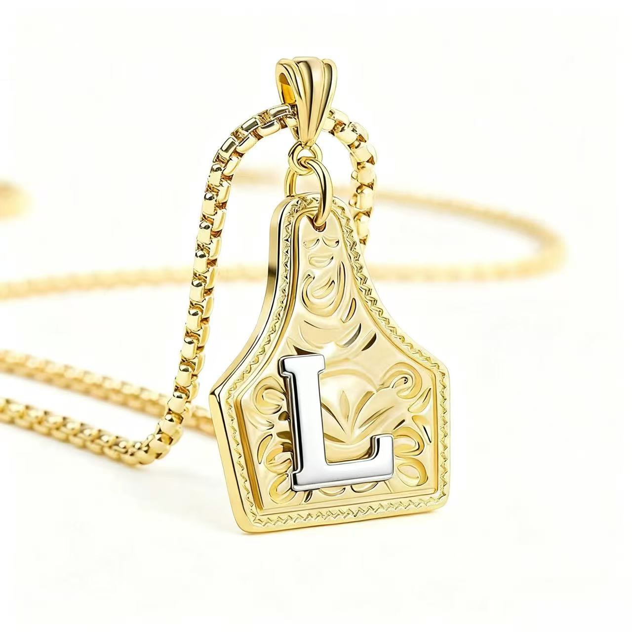 FT: Golden & Silver Exquisite Letter Pendant Embossed Necklace - Golden - L - image 15