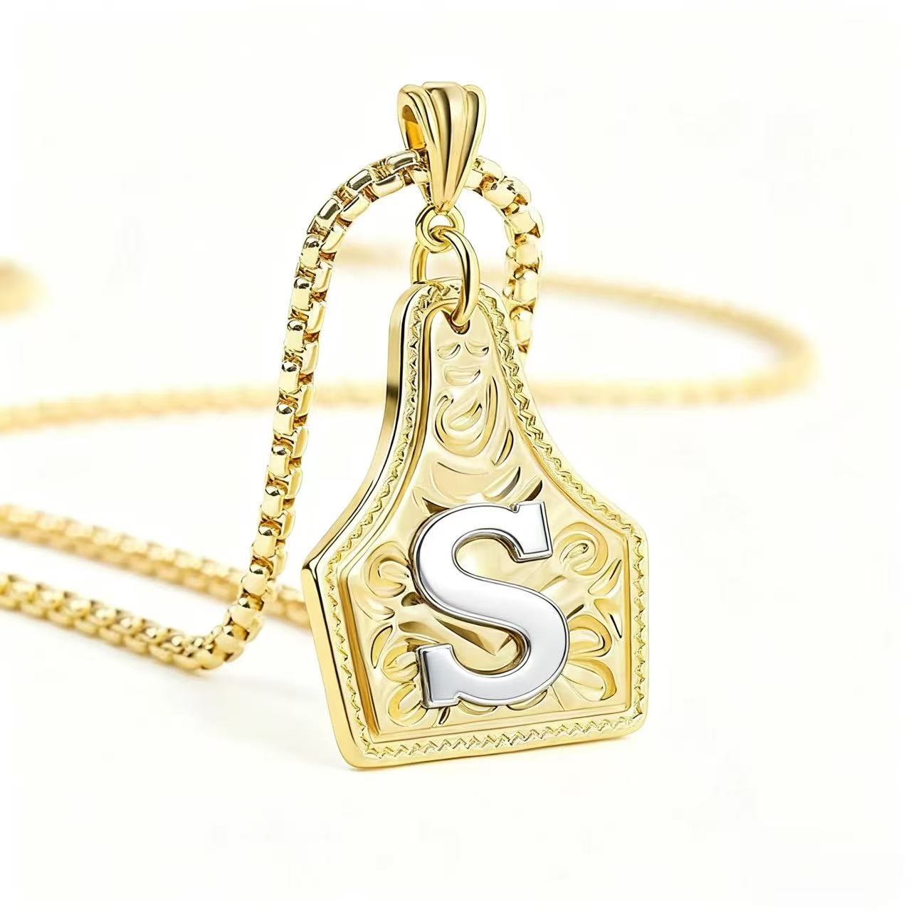 FT: Golden & Silver Exquisite Letter Pendant Embossed Necklace - Golden - S - image 22