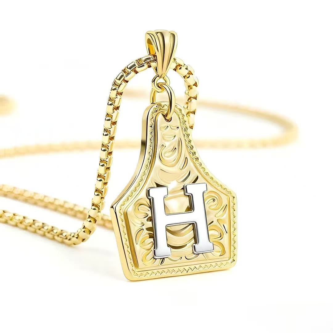 FT: Golden & Silver Exquisite Letter Pendant Embossed Necklace - Golden - H - image 11