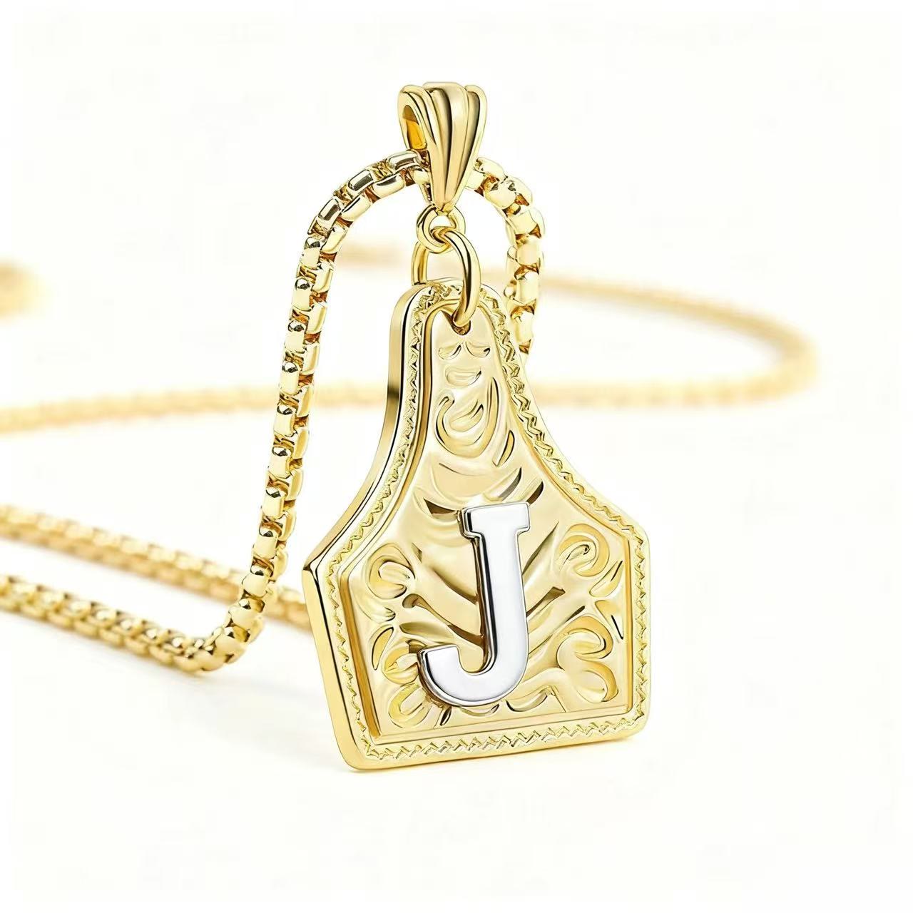 FT: Golden & Silver Exquisite Letter Pendant Embossed Necklace - Golden - J - image 13