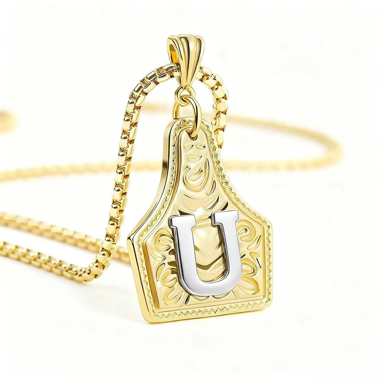 FT: Golden & Silver Exquisite Letter Pendant Embossed Necklace - Golden - U - image 24