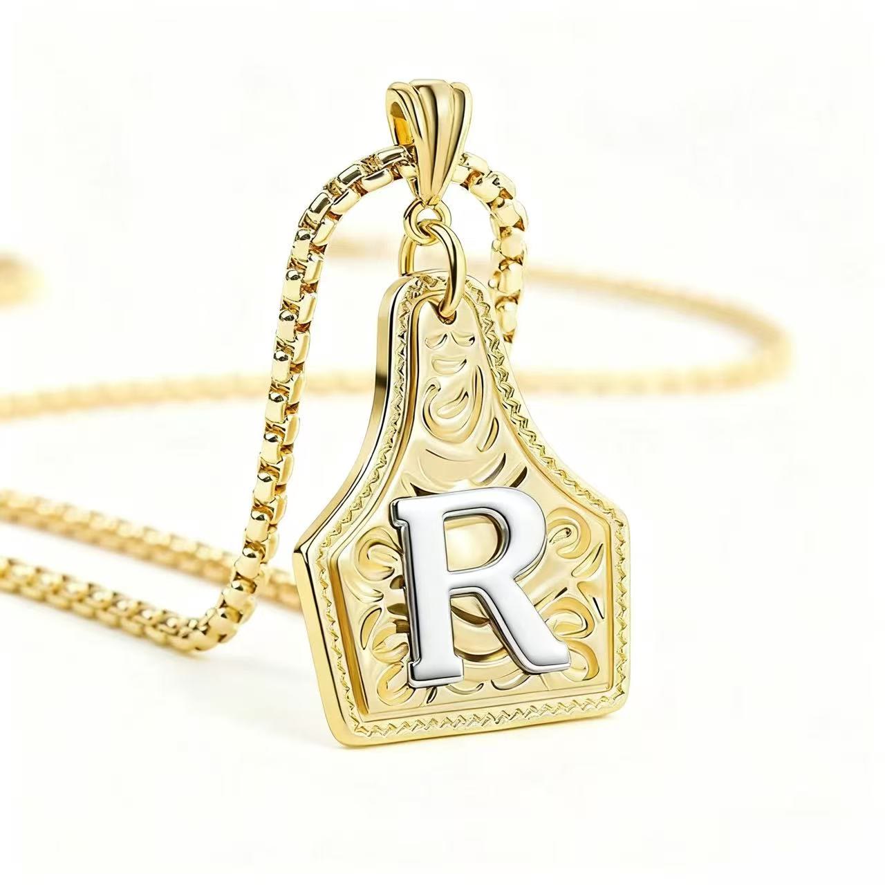 FT: Golden & Silver Exquisite Letter Pendant Embossed Necklace - Golden - R - image 21