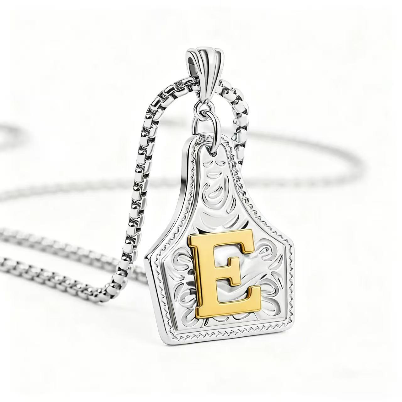 FT: Golden & Silver Exquisite Letter Pendant Embossed Necklace - Silver - E - image 34