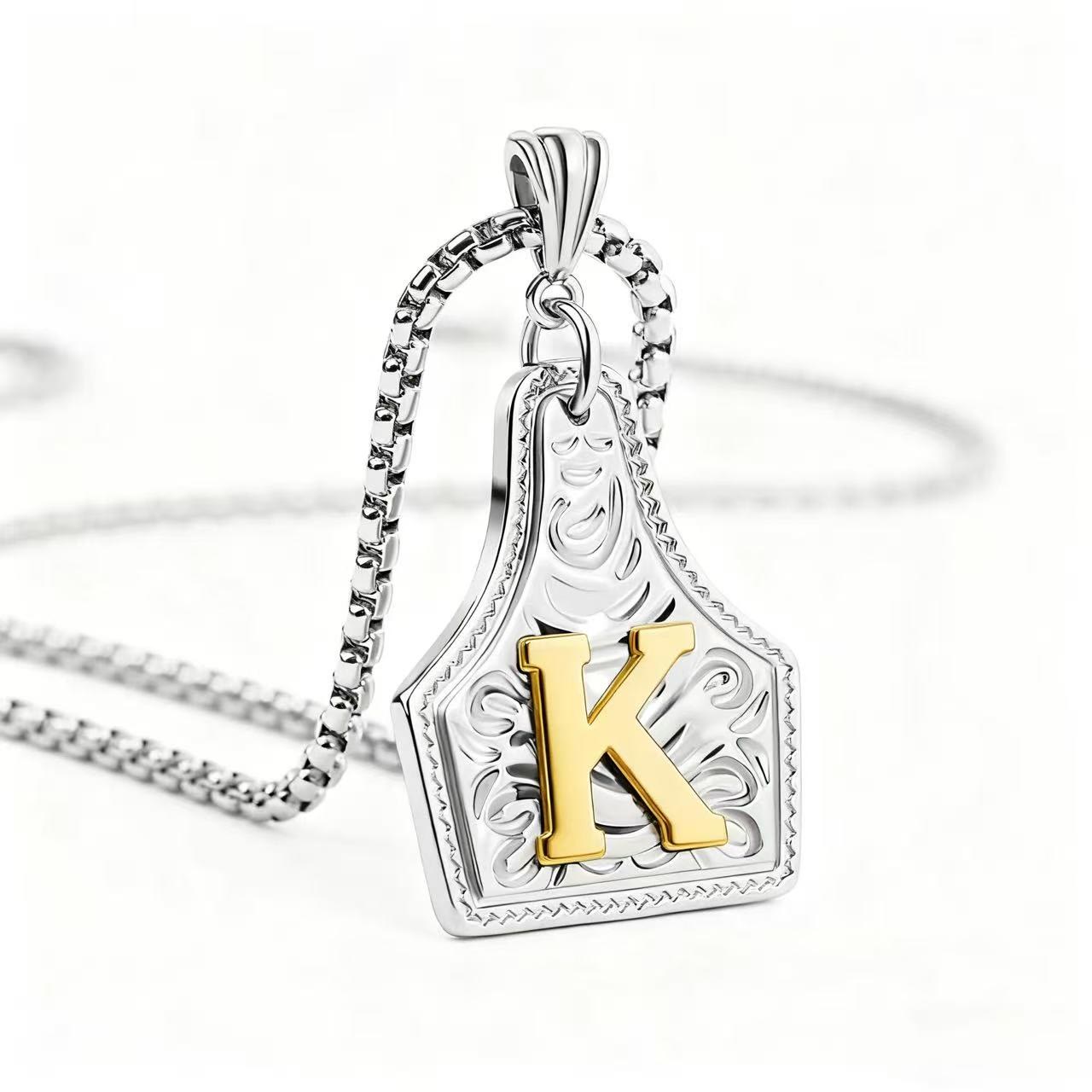 FT: Golden & Silver Exquisite Letter Pendant Embossed Necklace - Silver - K - image 40