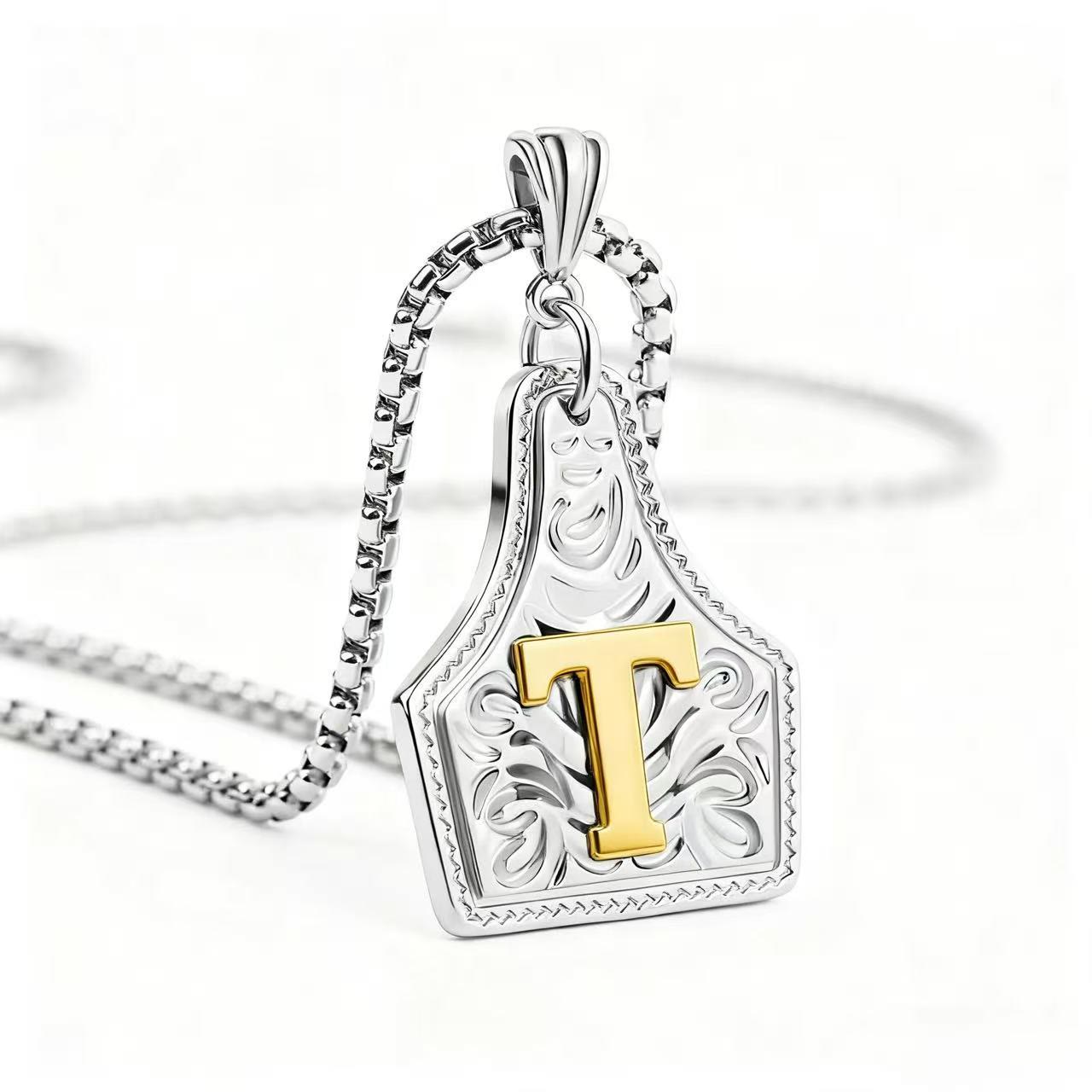 FT: Golden & Silver Exquisite Letter Pendant Embossed Necklace - Silver - T - image 49