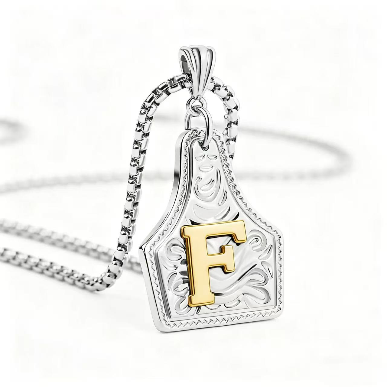 FT: Golden & Silver Exquisite Letter Pendant Embossed Necklace - Silver - F - image 35