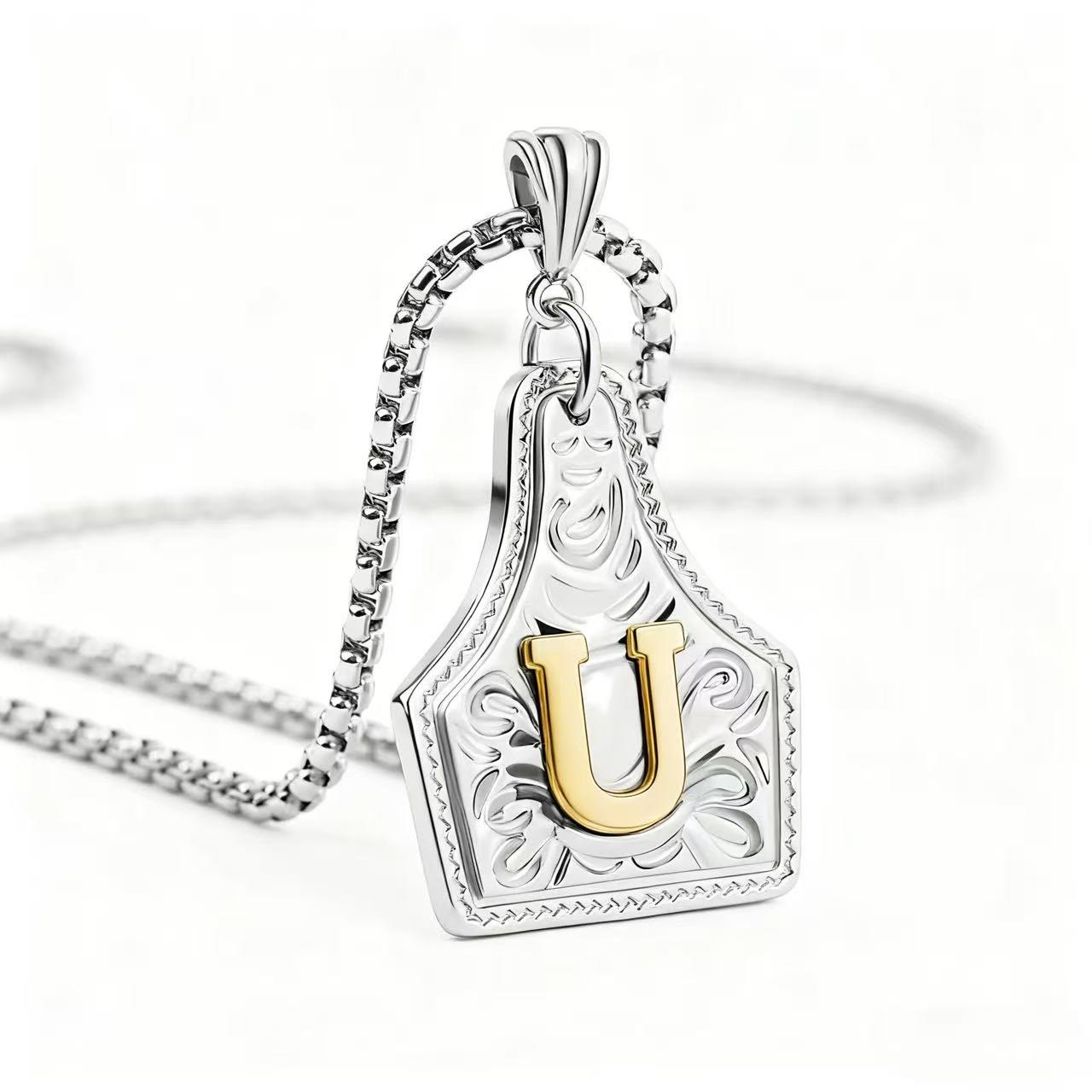 FT: Golden & Silver Exquisite Letter Pendant Embossed Necklace - Silver - U - image 50
