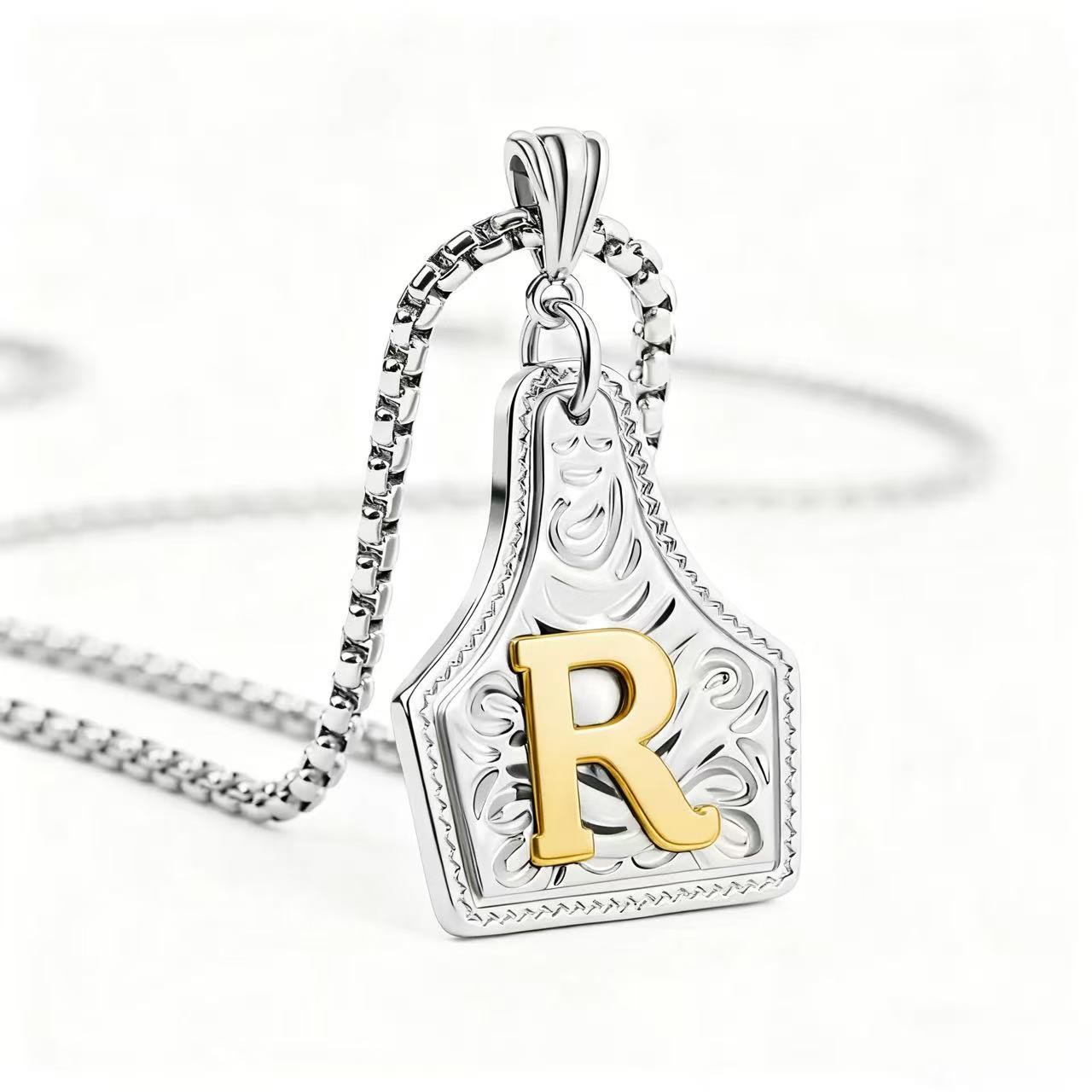 FT: Golden & Silver Exquisite Letter Pendant Embossed Necklace - Silver - R - image 47