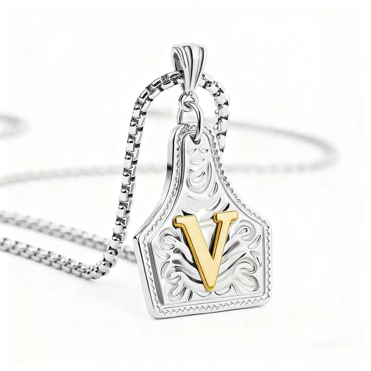 FT: Golden & Silver Exquisite Letter Pendant Embossed Necklace - Silver - V - image 51