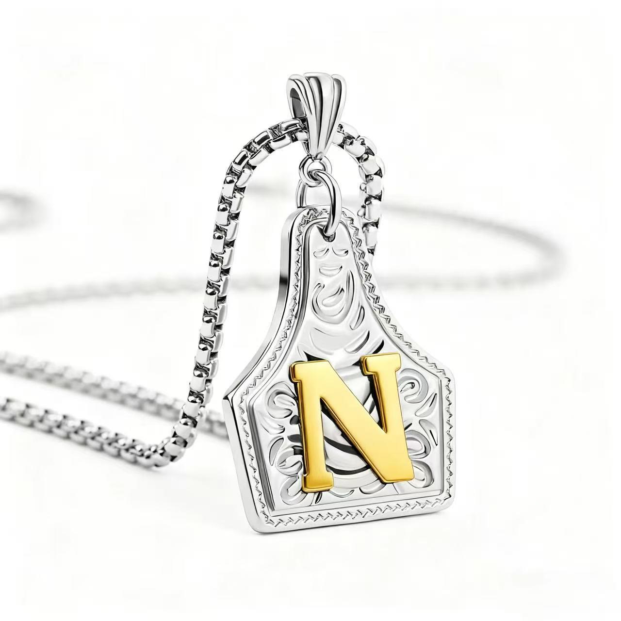 Golden & Silver Exquisite Letter Pendant Embossed Necklace - Silver - N - image 43
