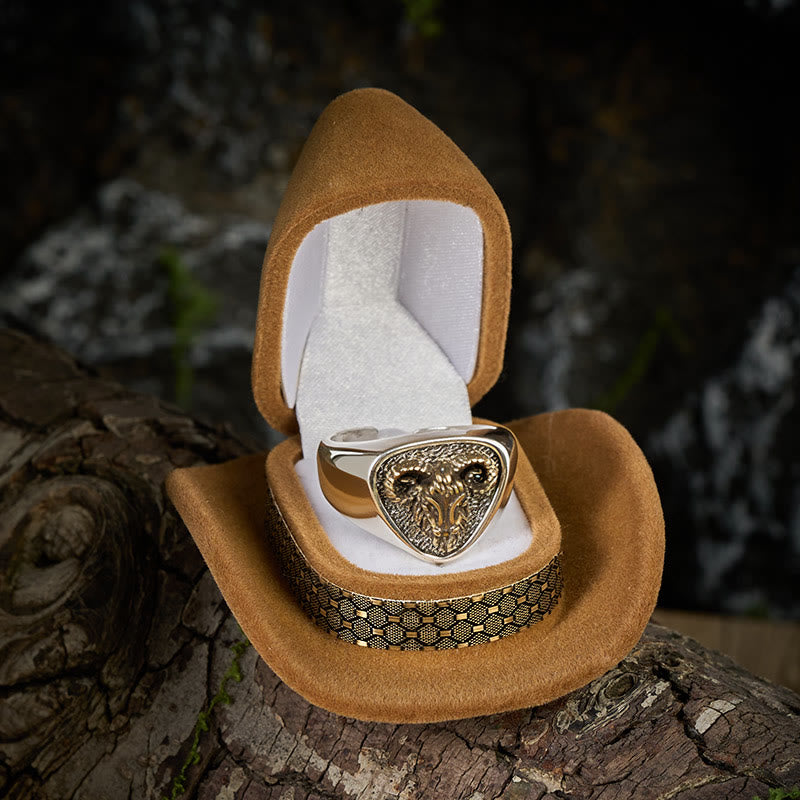 Vintage Western Style Carved Ram Head Ring - image 2