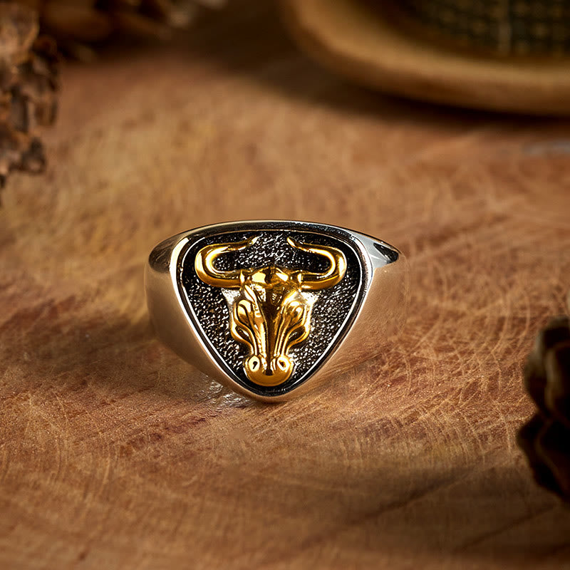 FT: Men's Domineering Rock Bull Horse Totem Opening Adjustable Ring - Antique Gold - image 0