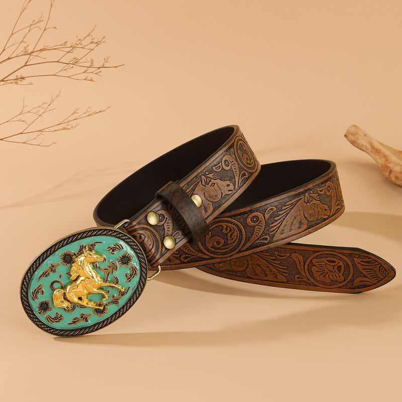 Gold Horse Turquoise-Tone Buckle Horse Embossed Leather Belt  display picture 1
