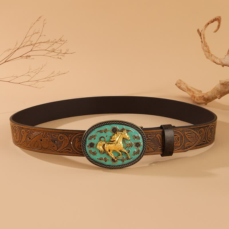 Gold Horse Turquoise-Tone Buckle Horse Embossed Leather Belt  display picture 1
