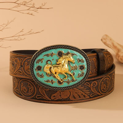 Gold Horse Turquoise-Tone Buckle Floral Embossed Leather Belt - Turquoise & Gold - 40 - image 0