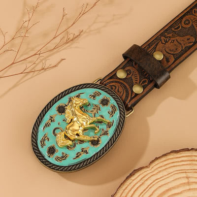 Gold Horse Turquoise-Tone Buckle Floral Embossed Leather Belt - image 1