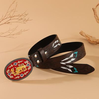Praying Cross Horse Red Buckle Brown Feather Leather Belt - image 2