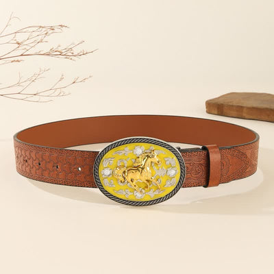 Running Horse Yellow Colored Buckle Embossed Leather Belt - image 3