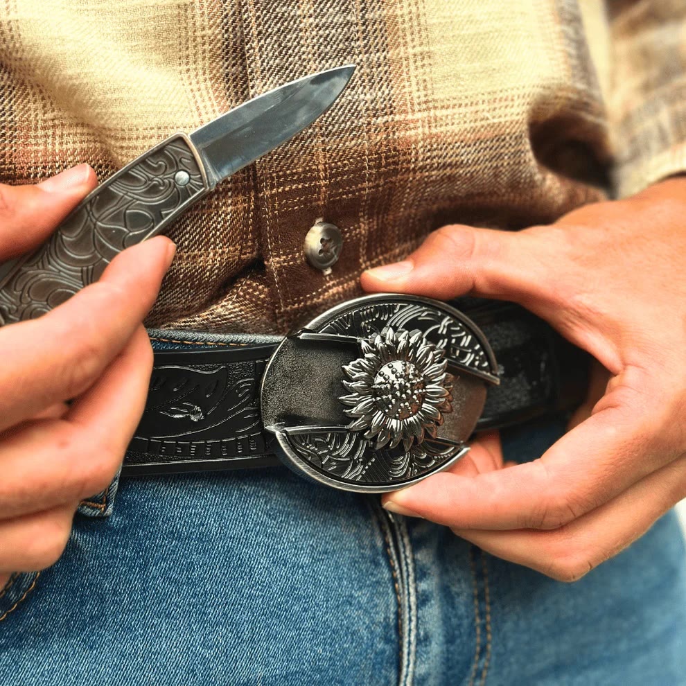 Men's DIY Sunflower Hidden Folding Knife Leather Belt - image 5