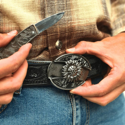 Men's DIY Sunflower Hidden Folding Knife Leather Belt - image 5