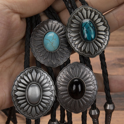 Exquisite Silver Oval Plate Turquoise Pendant Bolo Tie - image 1