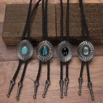 Exquisite Silver Oval Plate Turquoise Pendant Bolo Tie - image 0