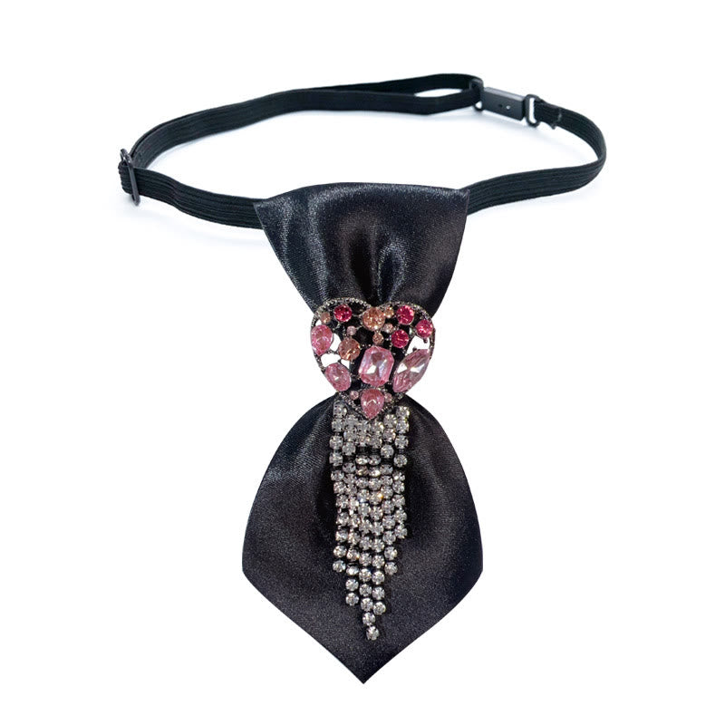 Heart Shaped Diamond Studded Tassel Black Necktie - Black - image 0