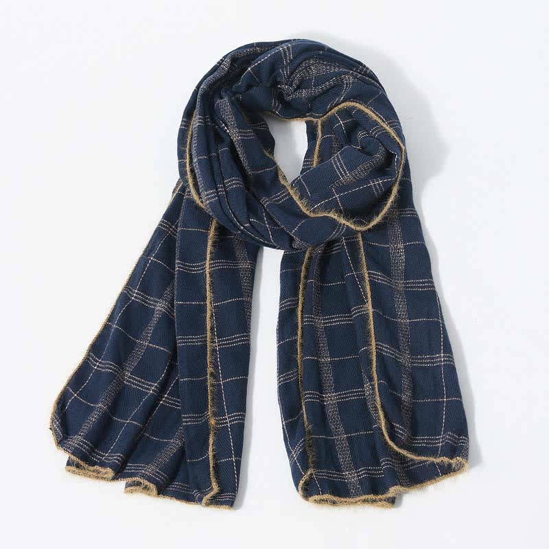 Timeless Classic Plaid Pattern Scarf With Furry Trim - Navy - image 8