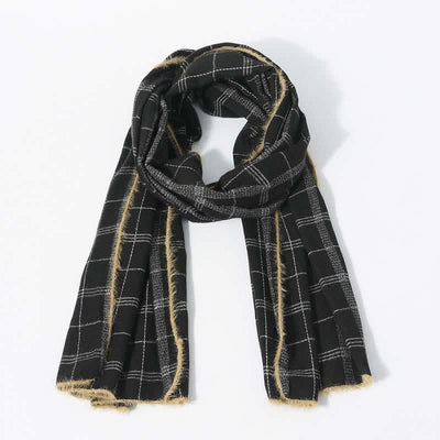Timeless Classic Plaid Pattern Scarf With Furry Trim - Black - image 5