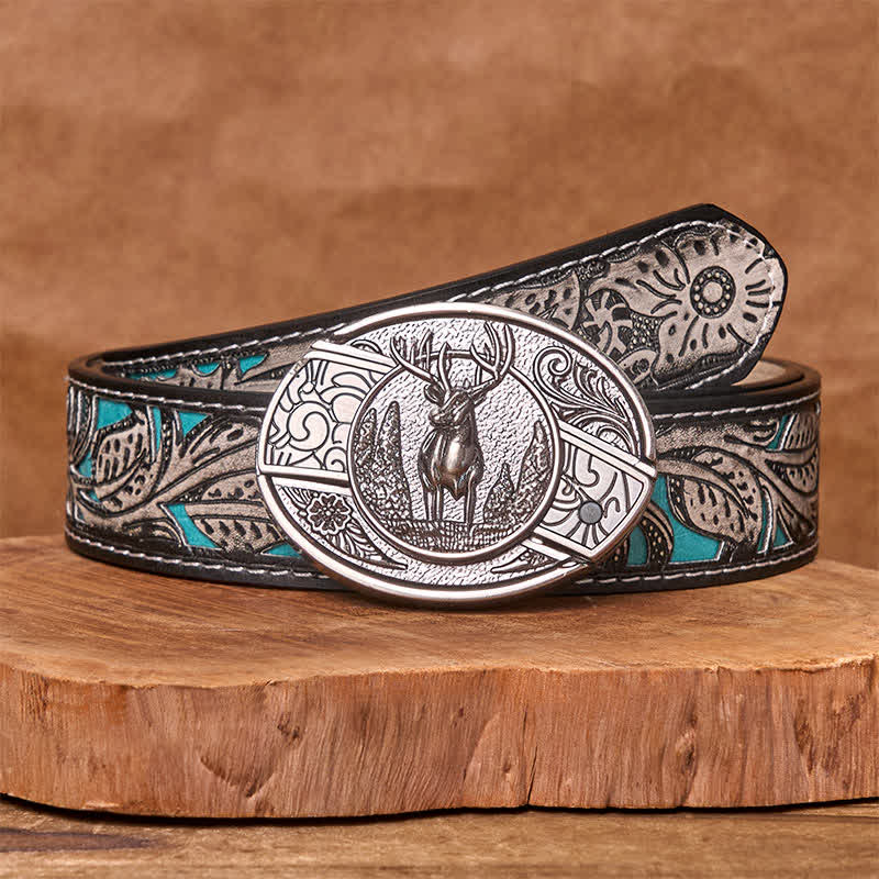 Men's DIY Forest Deer Hidden Folding Knife Leather Belt - Deer - Gray Floral Belt - 42 - image 12