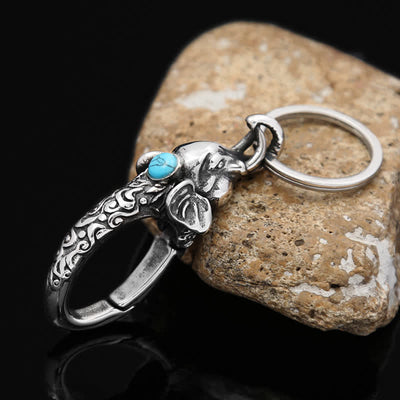 Elephant Head Keychain With Turquoise Stone - Anqtique Silver - image 0