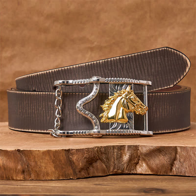 Hollow Out Gold & Silver Horse Head Buckle Leather Belt - Gold Horse - Brown Distressed Belt - 42 - image 5