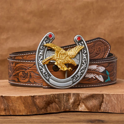 Gold Eagle Western Horseshoe Shape Buckle Leather Belt - Gold Eagle - Brown Feather Belt - 40 - image 7