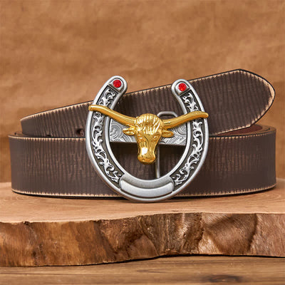 Gold Bull Head Western Horseshoe Shape Buckle Leather Belt - Gold Bull - Brown Distressed Belt - 42 - image 5