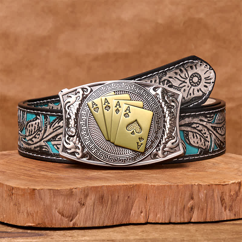 Men's DIY Gold Poker Hidden Folding Knife Leather Belt - Gold Poker - Gray Floral Belt - 42 - image 12