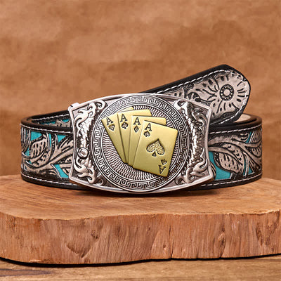 Men's DIY Gold Poker Hidden Folding Knife Leather Belt - Gold Poker - Gray Floral Belt - 42 - image 12
