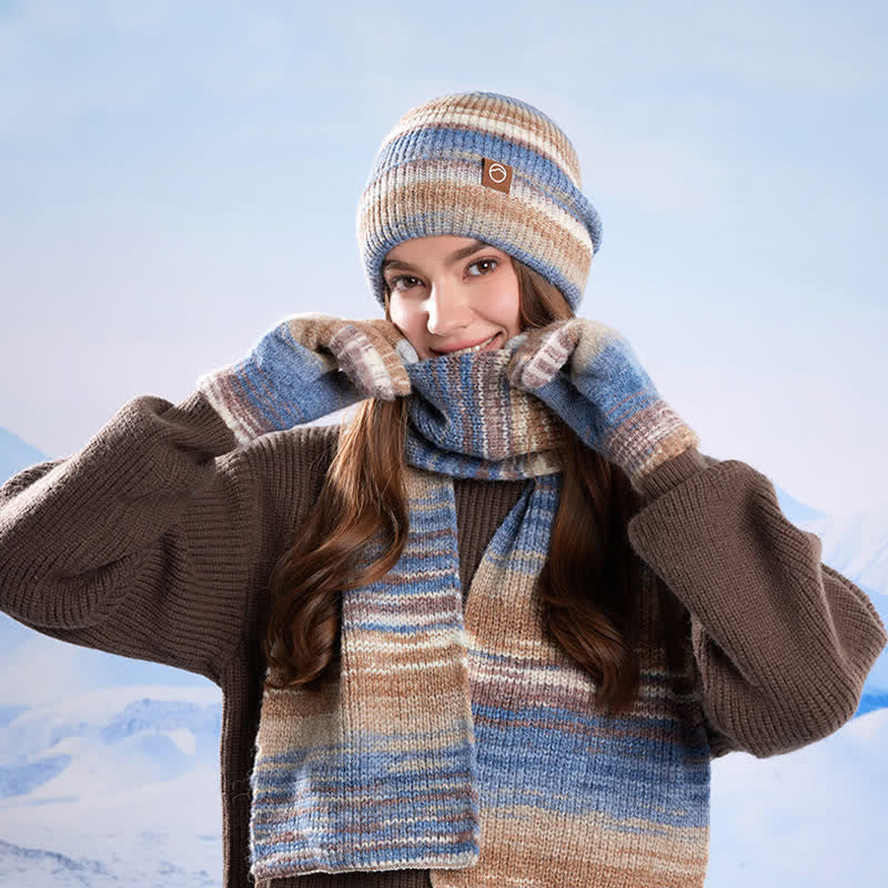 3PCS Multicolour Neutral Stripes Hat Scarf Gloves Set - image 19