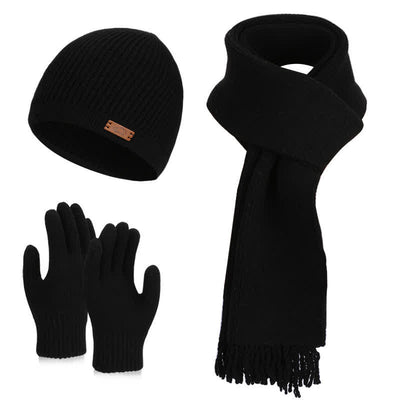 3Pcs Solid Color Knitted Beanie Hat Scarf Gloves Set - Black - Adjustable (21 5/8"-23 5/8") - image 18
