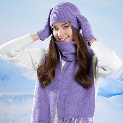3Pcs Solid Color Knitted Beanie Hat Scarf Gloves Set - image 14