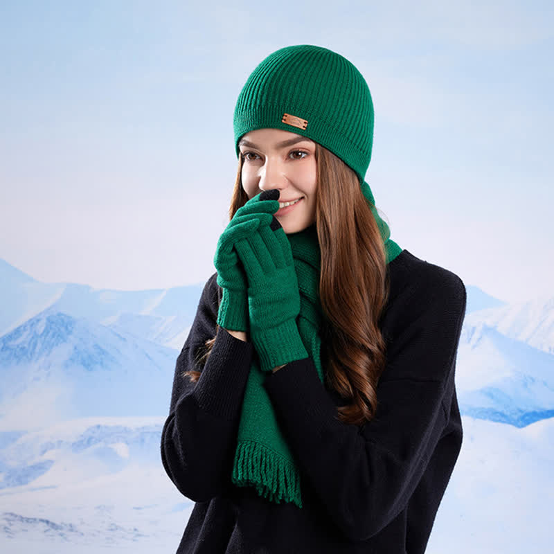 3Pcs Solid Color Knitted Beanie Hat Scarf Gloves Set - image 16