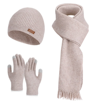 3Pcs Solid Color Knitted Beanie Hat Scarf Gloves Set - Khaki - Adjustable (21 5/8"-23 5/8") - image 2