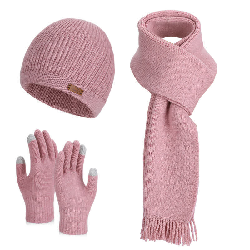 3Pcs Solid Color Knitted Beanie Hat Scarf Gloves Set - Pink - Adjustable (21 5/8"-23 5/8") - image 9